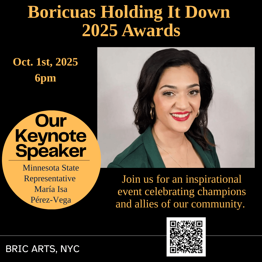 Boricuas Holding it Down! Awards Program Promo. Tuesday, June 4th @ BRIC Arts Media, 6 pm. Join us for a special evening honoring leaders, innovators, and allies like educator & writer Denise Oliver-Vélez and Policy Link Programs Vice President Jerry Maldonado. Catered by Chef Frances Román.